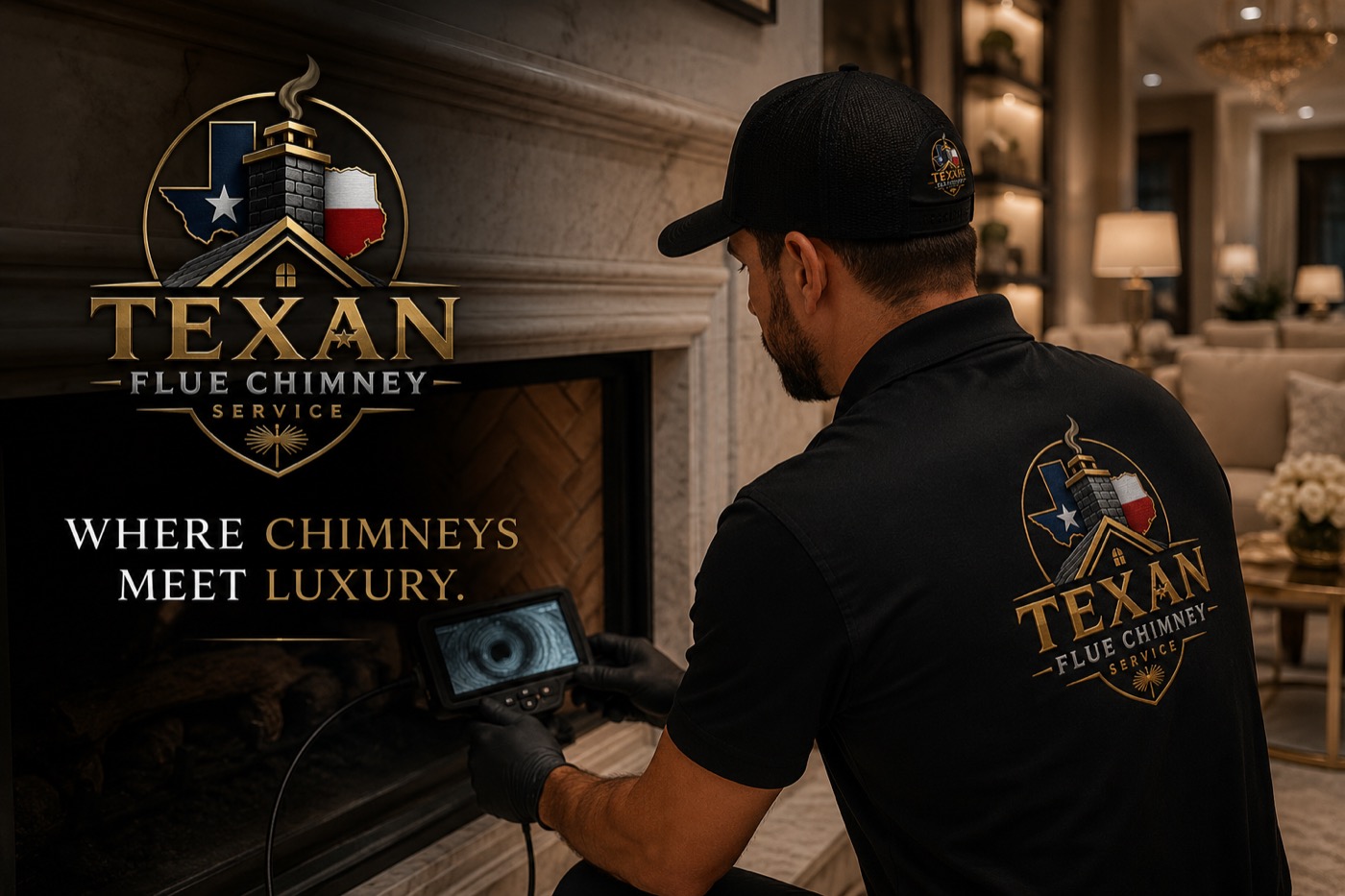 Texan Flue technician performing a camera chimney inspection at a luxury Dallas–Fort Worth fireplace — Where Chimneys Meet Luxury