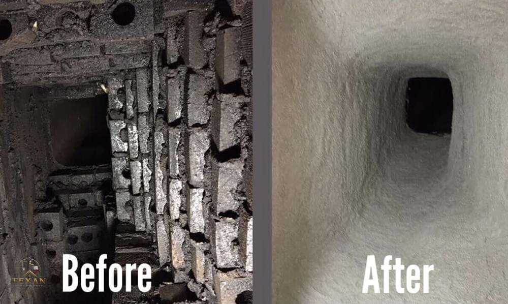 Smoke chamber — before & after parging — Texan Flue, Dallas–Fort Worth